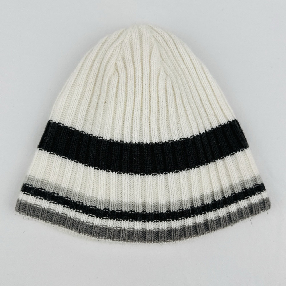 BKE Stripe Rib Knit Beanie Hat White Black Gray One Size
